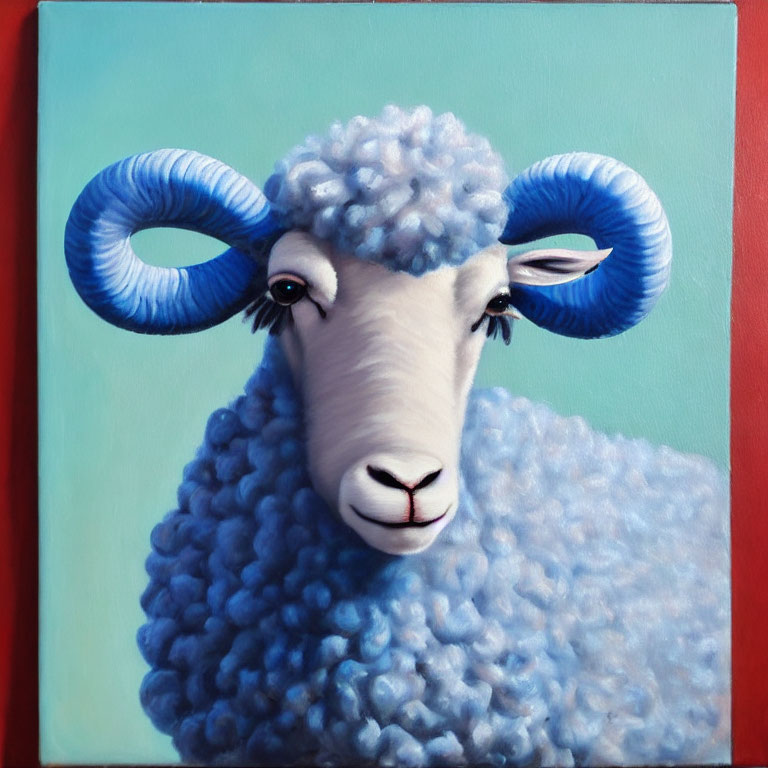 Vibrant painting of blue-horned sheep on red and green backdrop