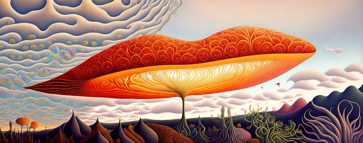 Surreal landscape with fiery orange tree-like structure under wavy blue sky