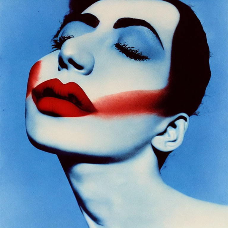 Woman's face with bold red lipstick and red stripe on blue background