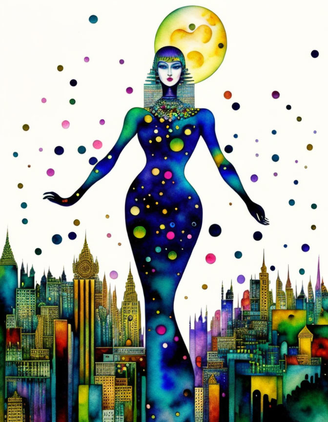 Stylized woman illustration with celestial motif and moon backdrop