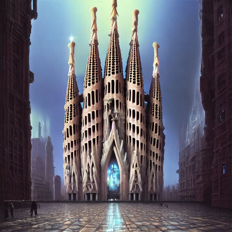 Gothic Cathedral with Tall Spires at Dusk