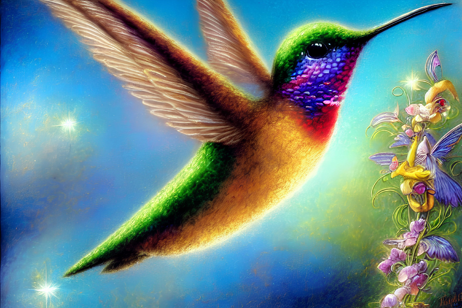 Colorful Hummingbird Painting with Iridescent Feathers and Flowers