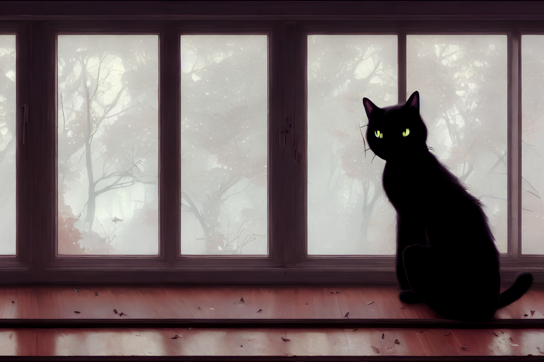 Silhouette of black cat with glowing green eyes by misty window.