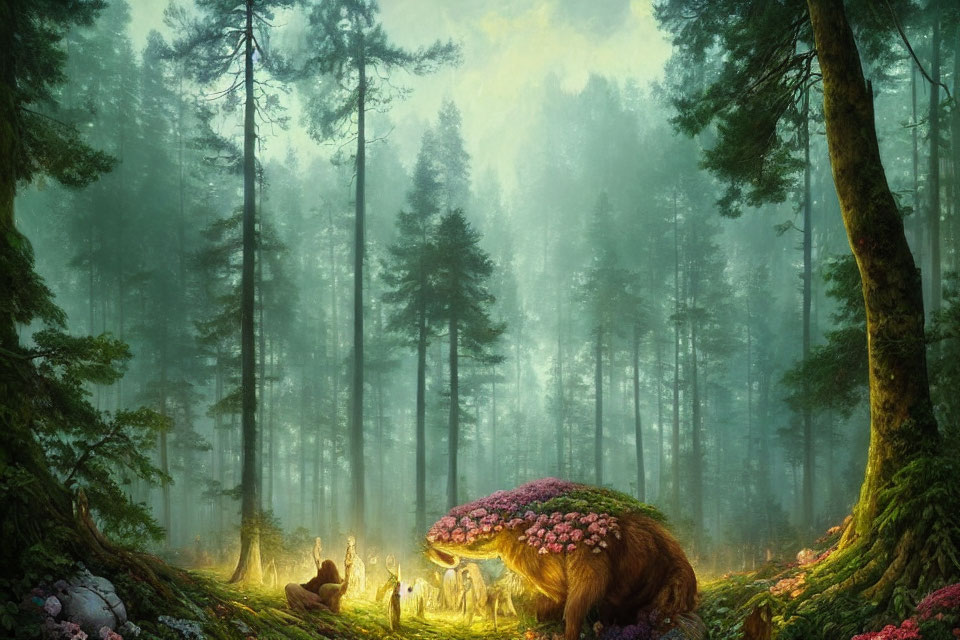 Tranquil forest scene with animals around mushroom-shaped tree