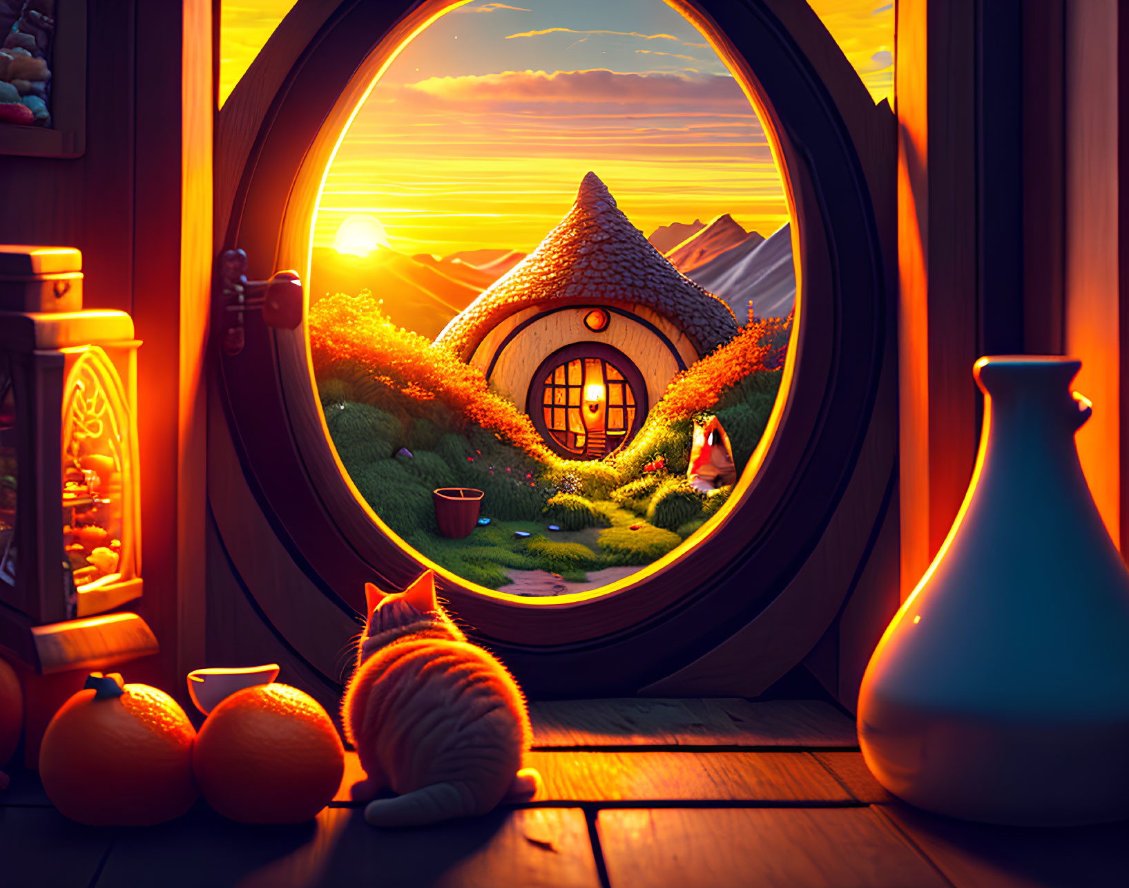 Cozy room with round window and sunset view over cottage and hills, cat and oranges in foreground.