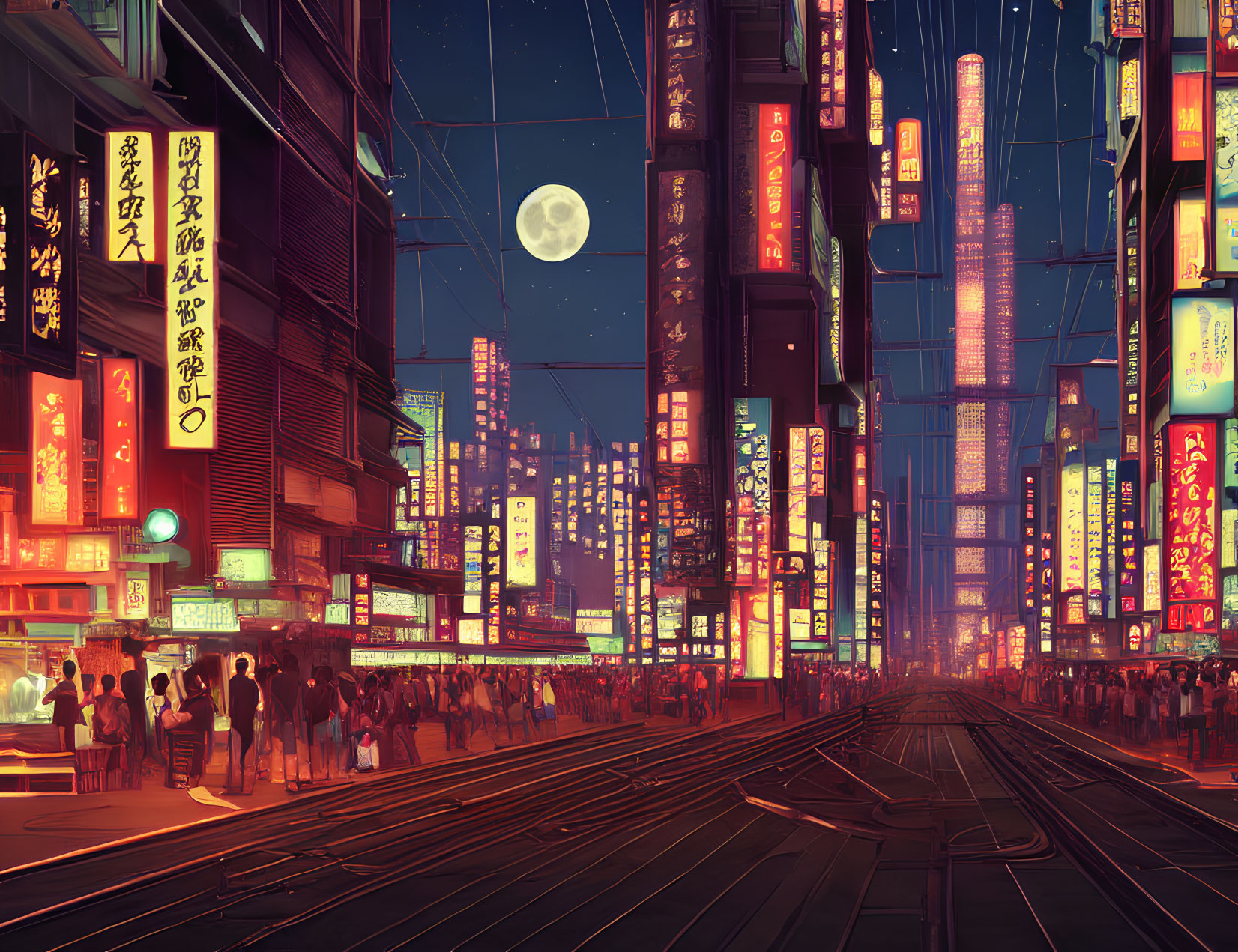 Night city street scene with neon lights, skyscrapers, crowd, and full moon