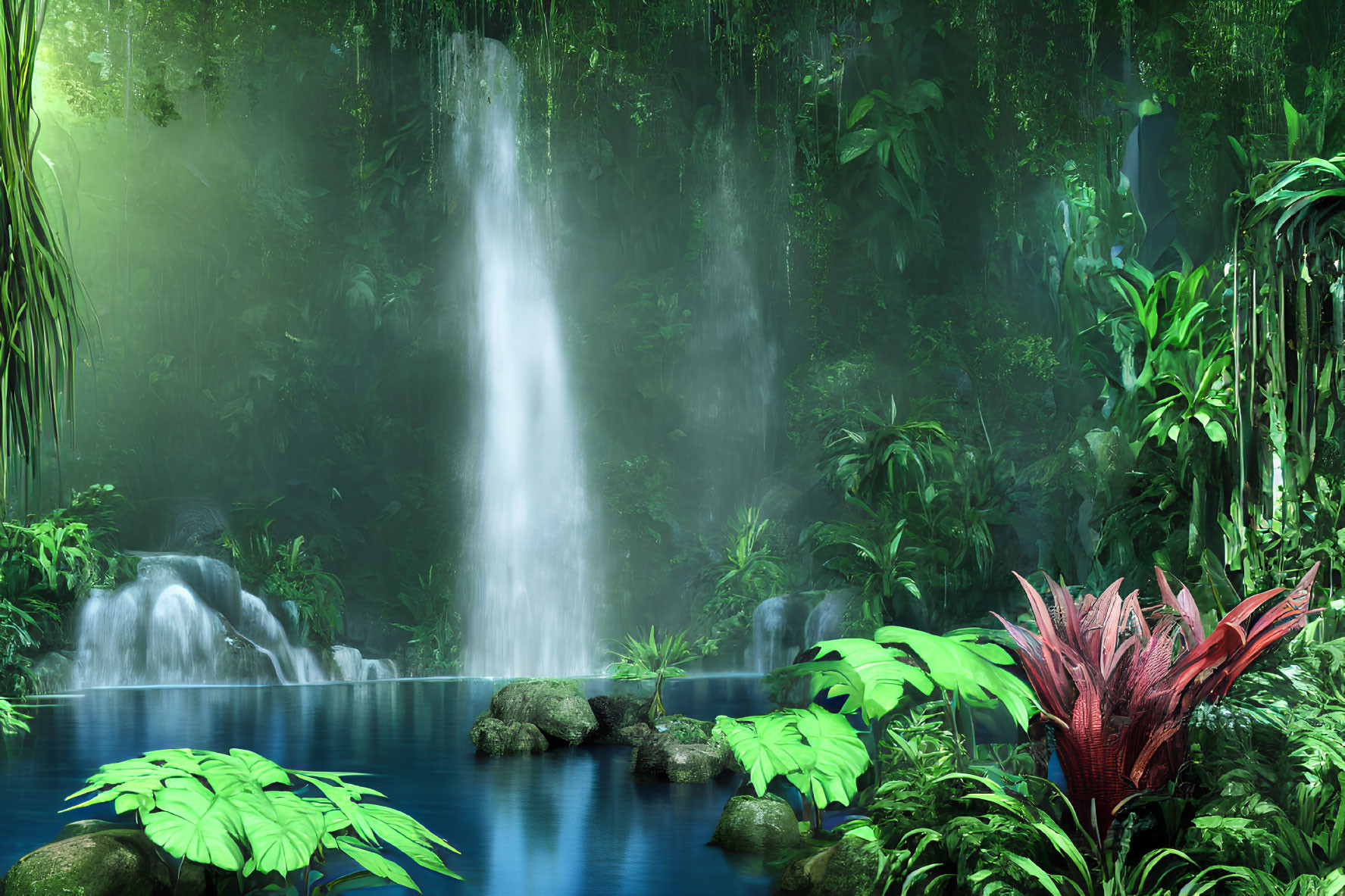 Tranquil jungle scene with cascading waterfall