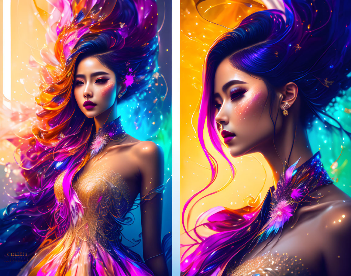 Vibrant digital artwork: Woman with colorful hair and sparkling makeup on blue and orange background