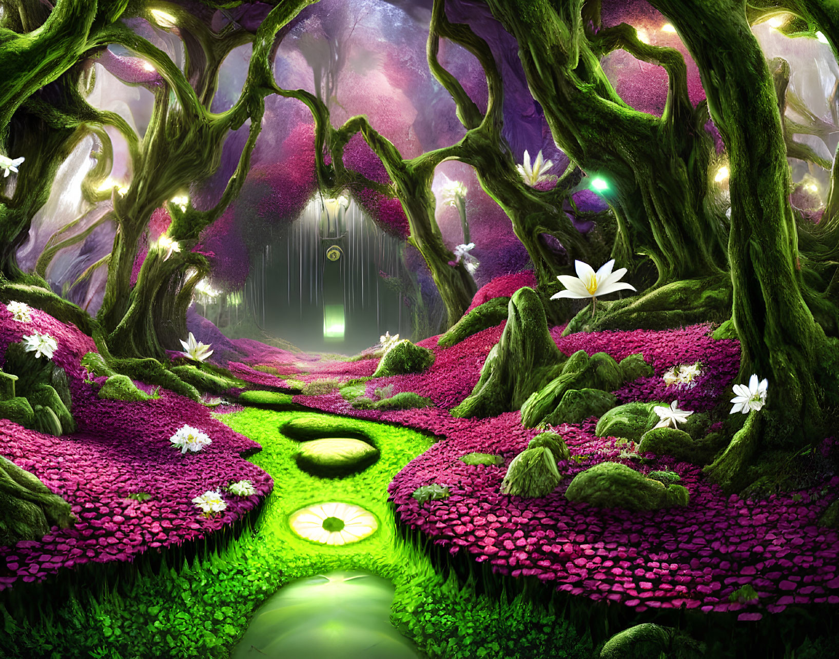 Vibrant green trees, purple foliage, white flowers in mystical forest