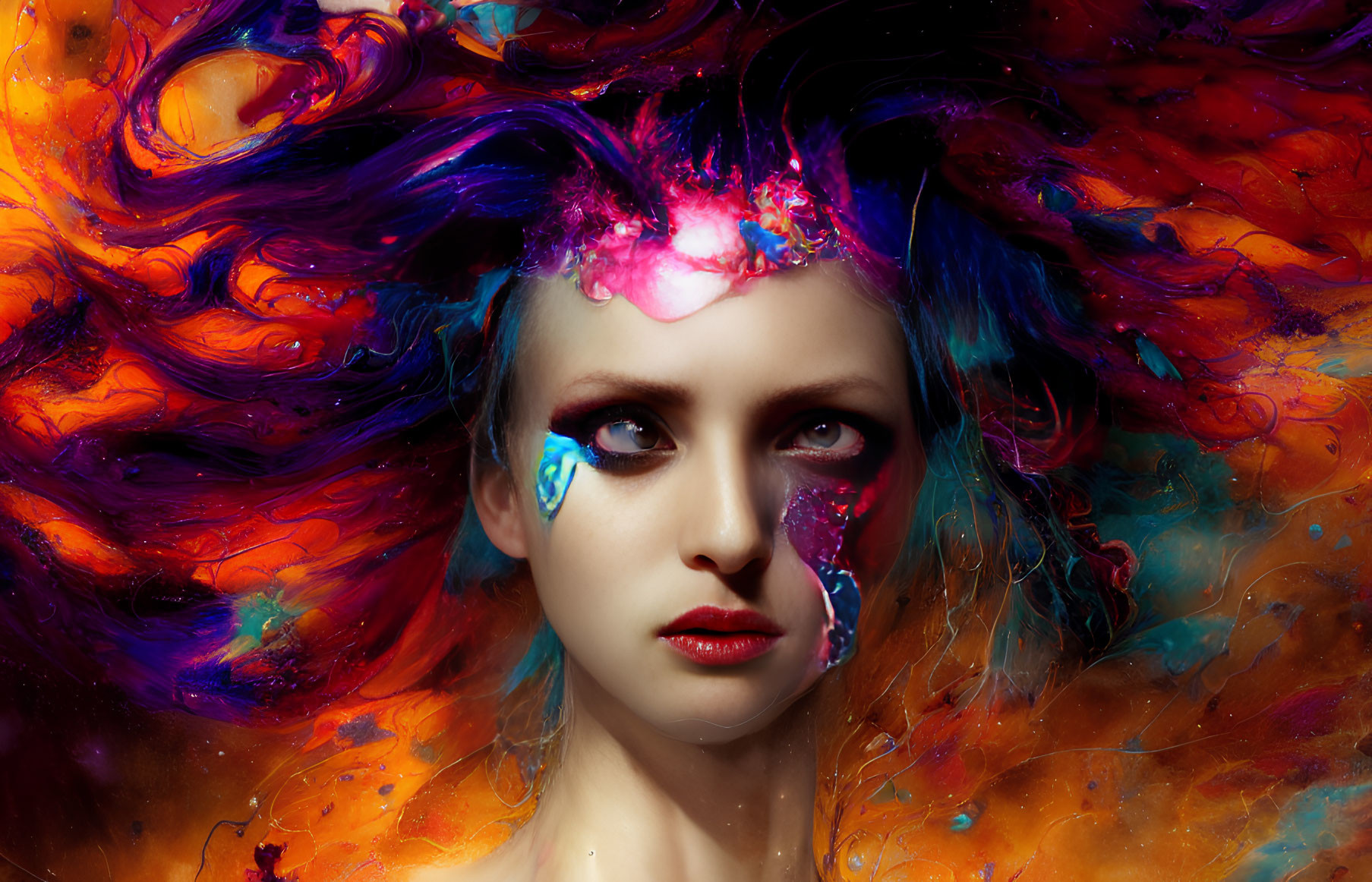 Colorful paint flowing through woman's hair and face, creating vibrant artistic look