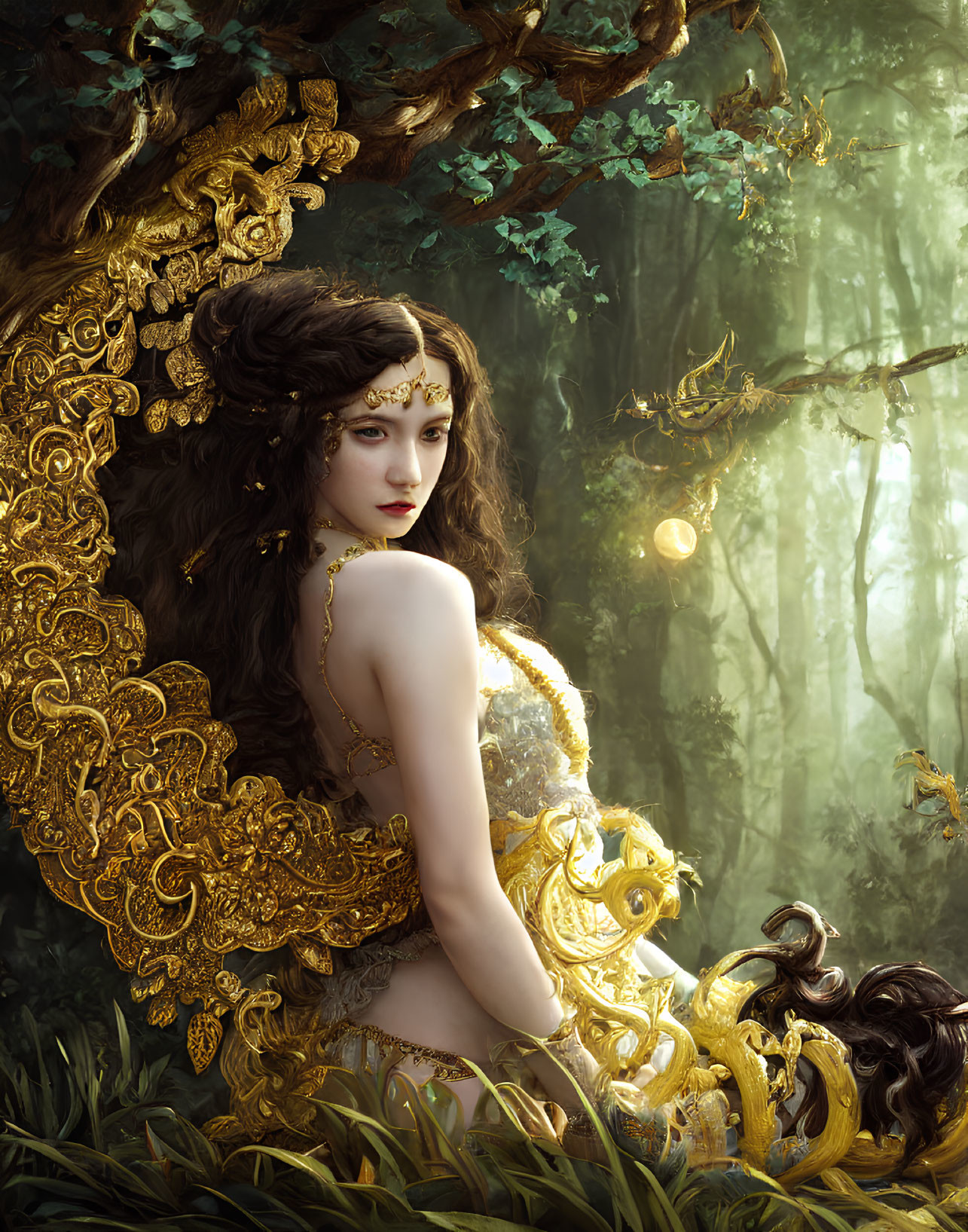 Woman in golden floral attire against mystical forest backdrop