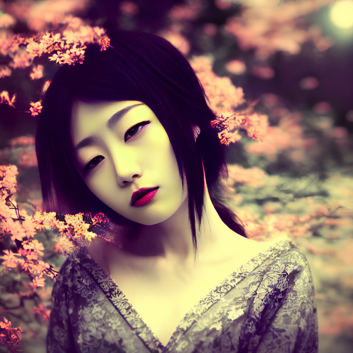 Dark-haired woman with red lipstick among blooming orange flowers in dreamy vintage setting