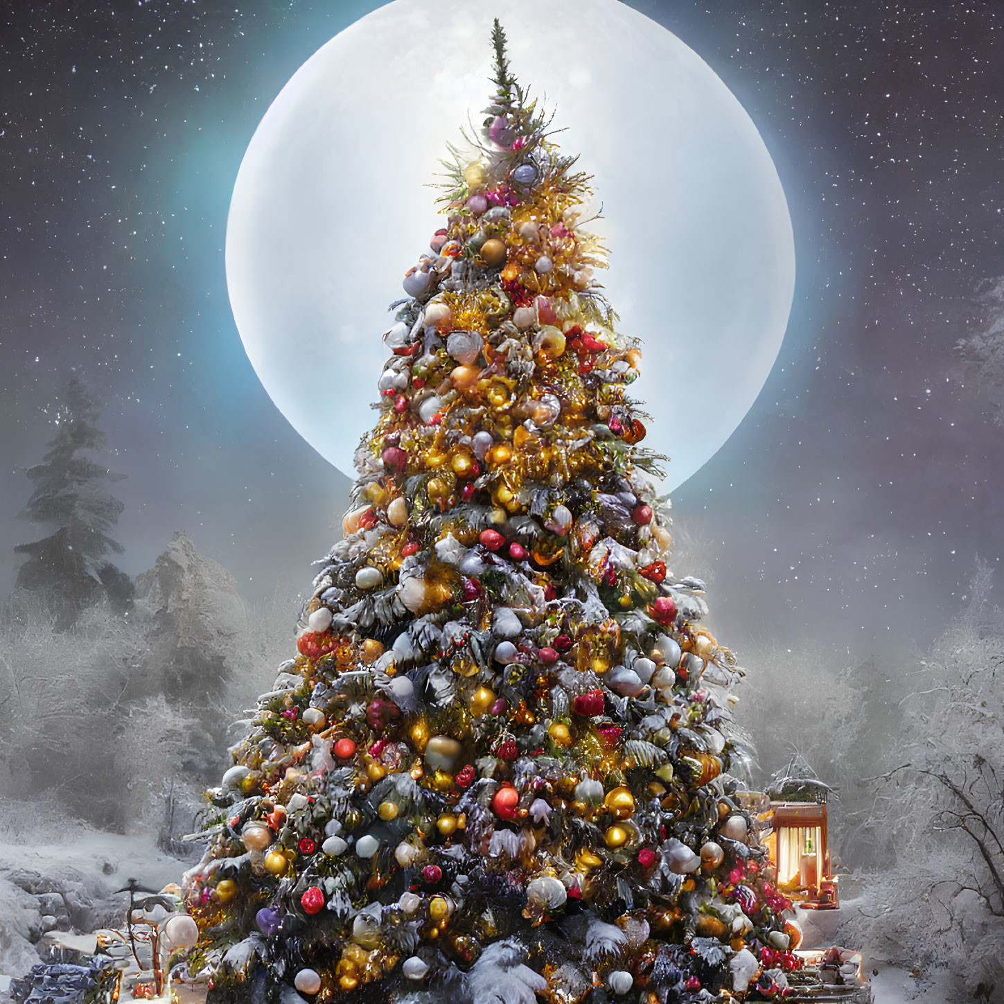 Snow-covered Christmas tree with lights and ornaments under full moon