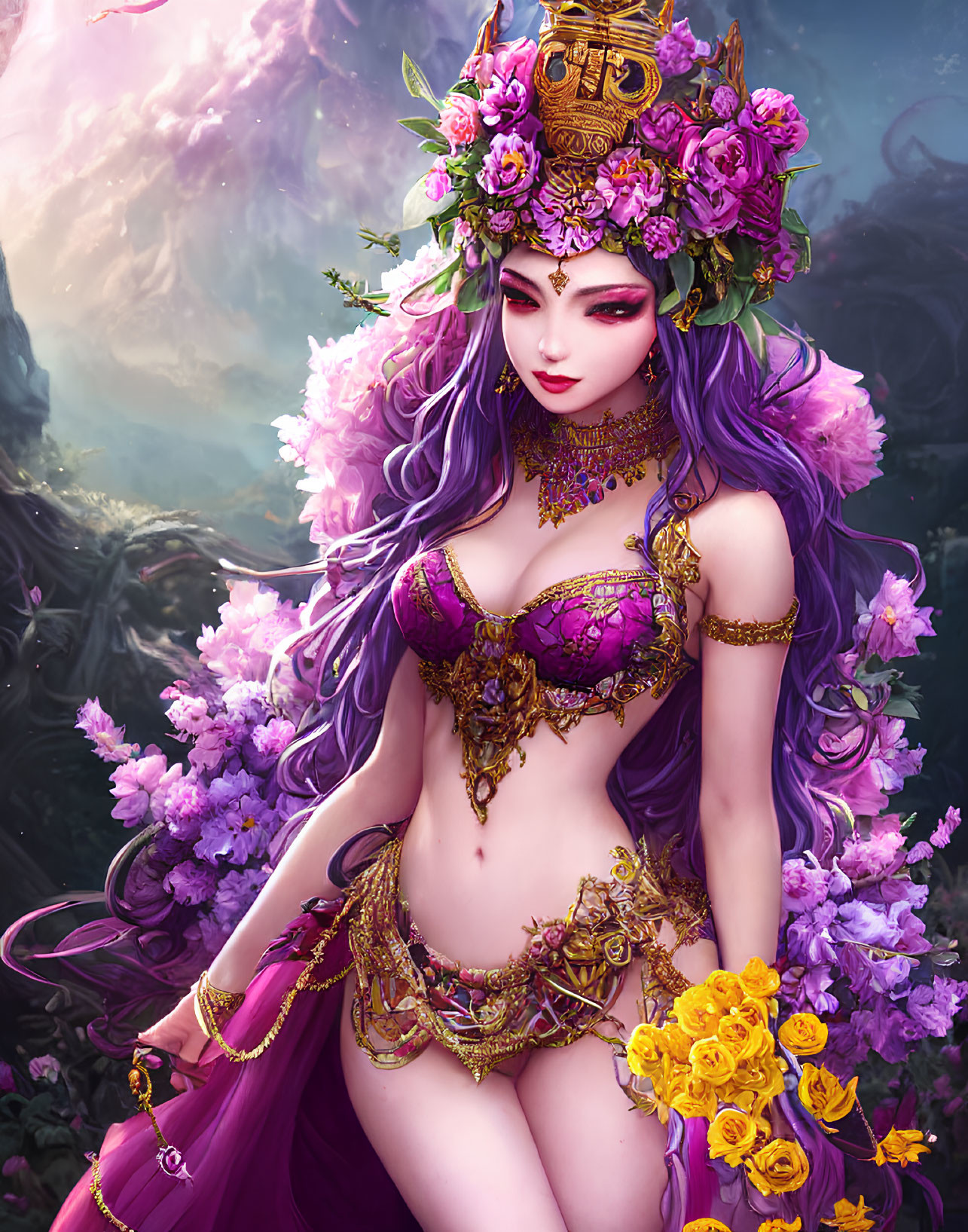 Fantasy illustration: Woman with purple hair and golden jewelry in floral setting