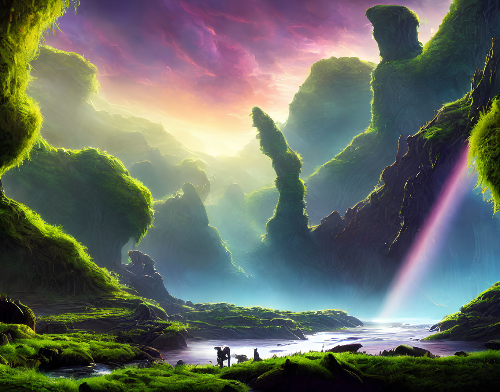 Lush green cliffs, tranquil lake, radiant sunset: fantasy landscape.