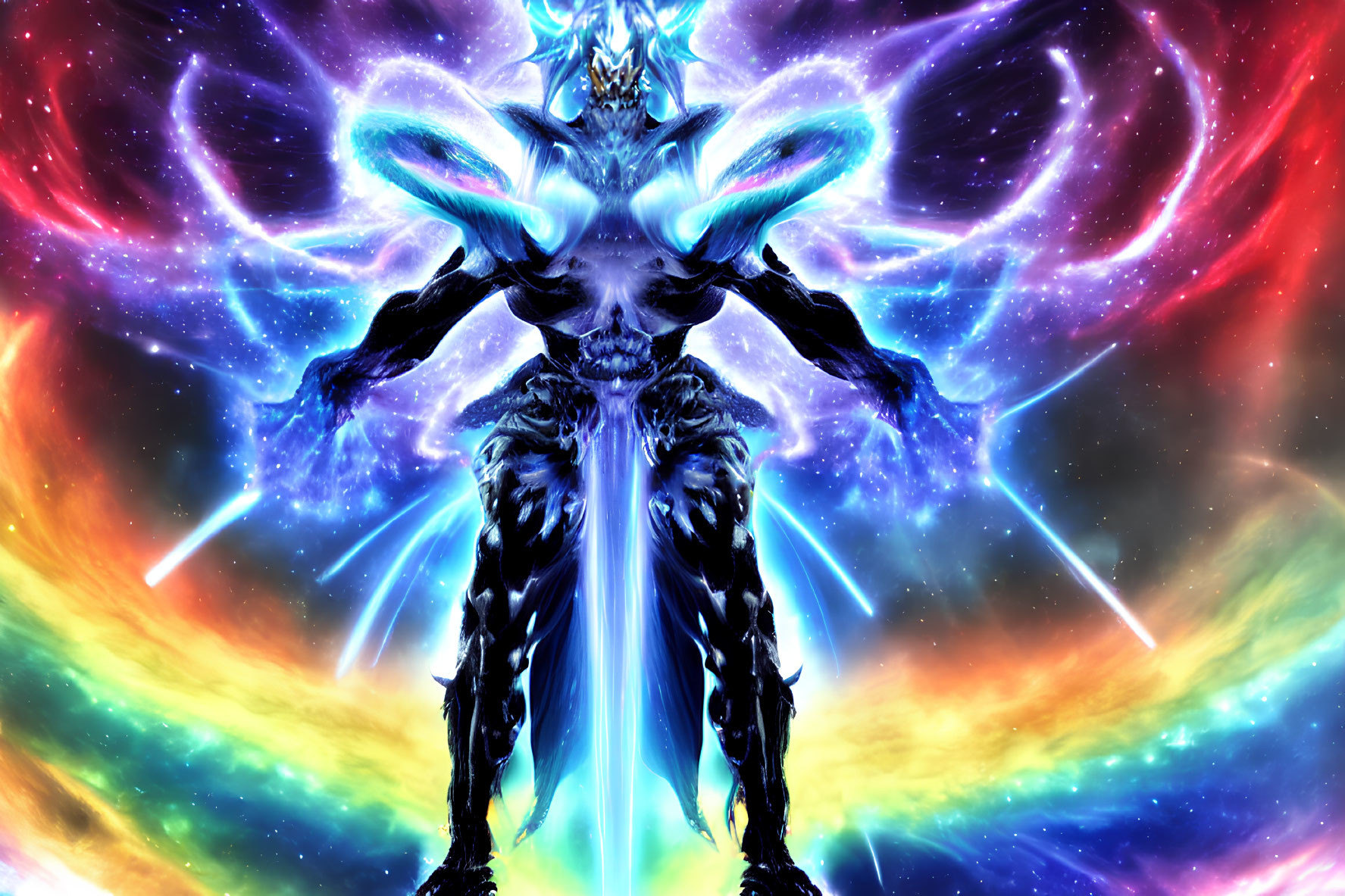 Colorful Cosmic Theme: Muscular Creature with Glowing Blue Accents