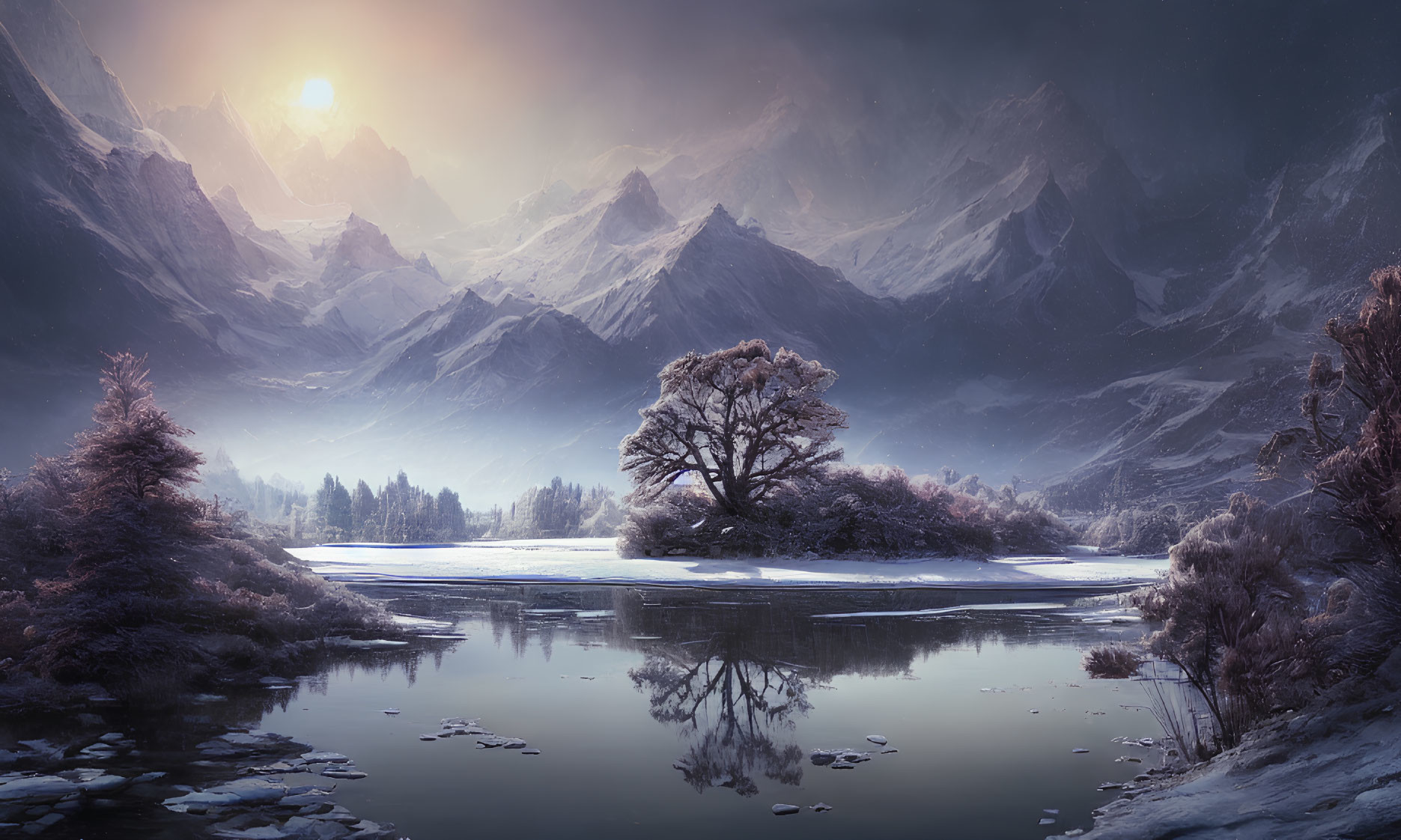 Snowy Winter Landscape: Tree on Island, Reflective Lake, Snow-Capped Mountains