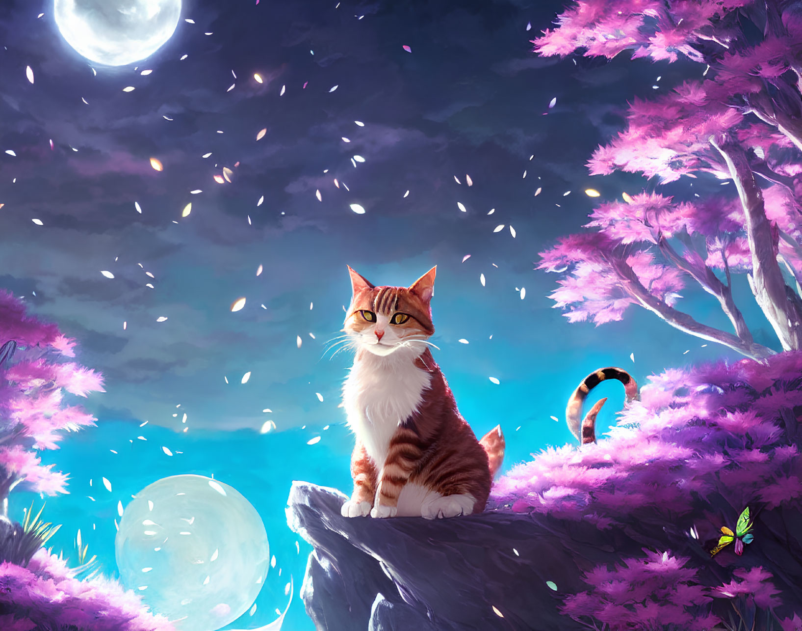 Cat on Stone Surrounded by Pink Blossoming Trees Under Moonlit Night Sky