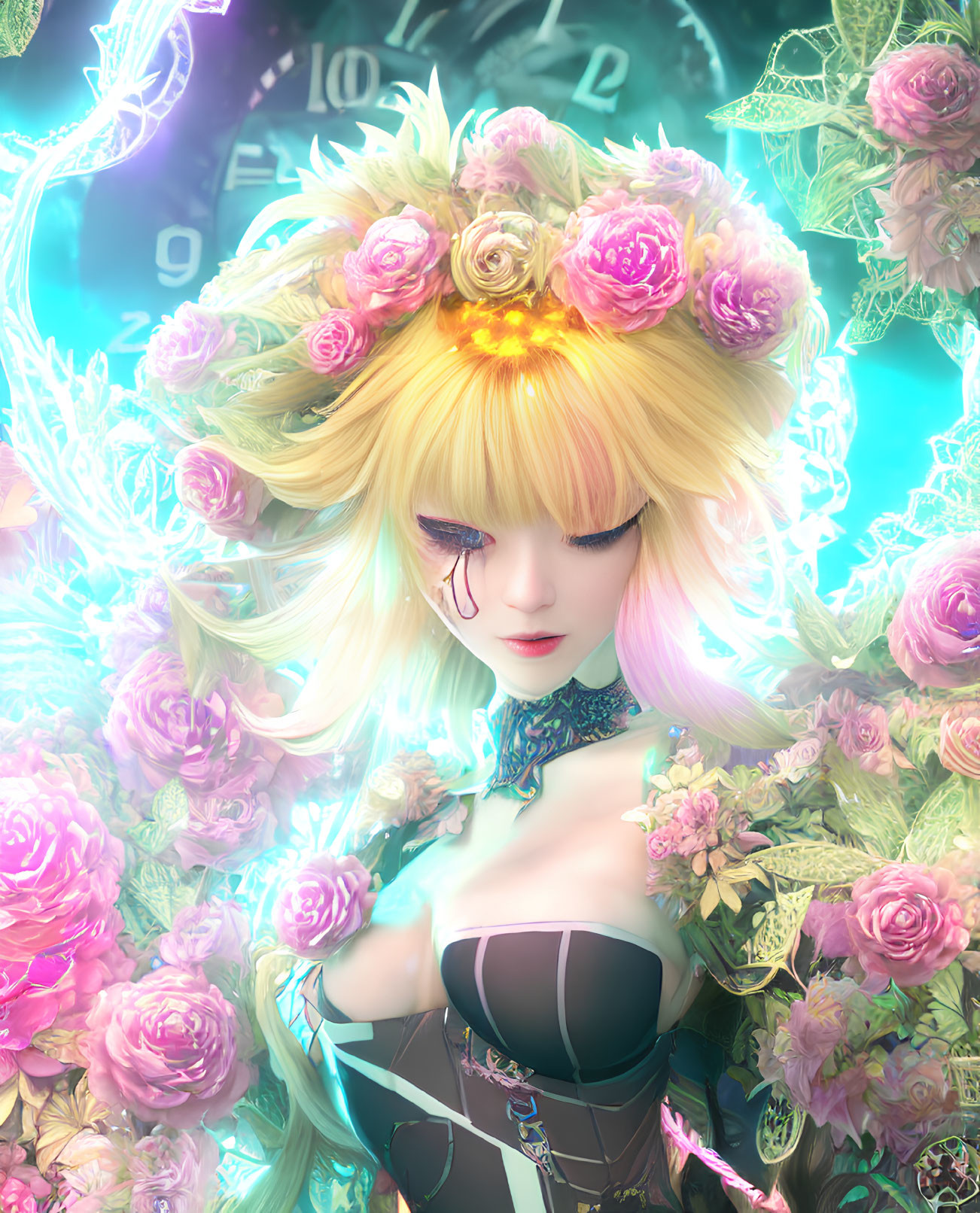 Fantasy character with blond hair in floral setting against clocks and roses