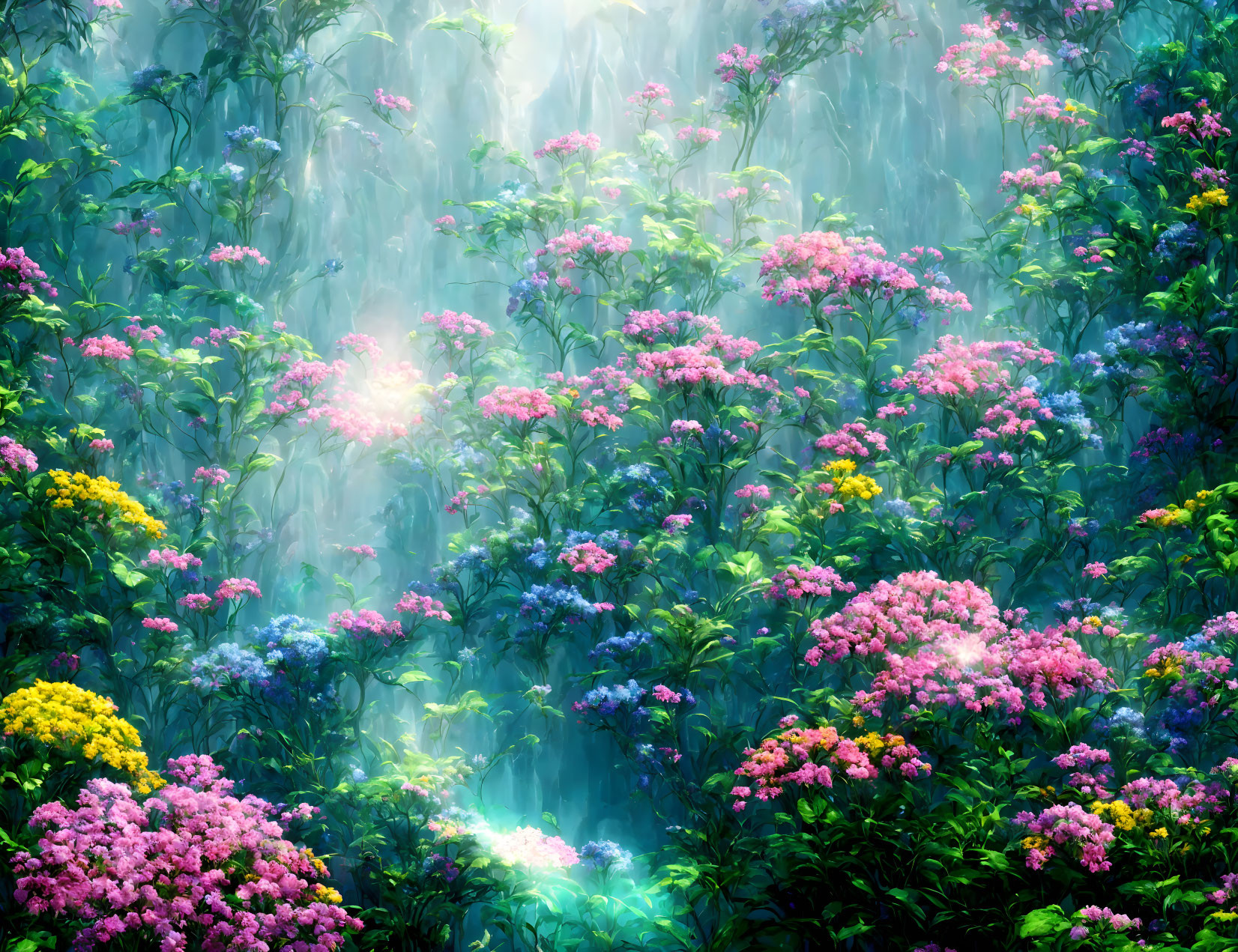 Colorful Flower Garden in Soft Sunlight and Mist