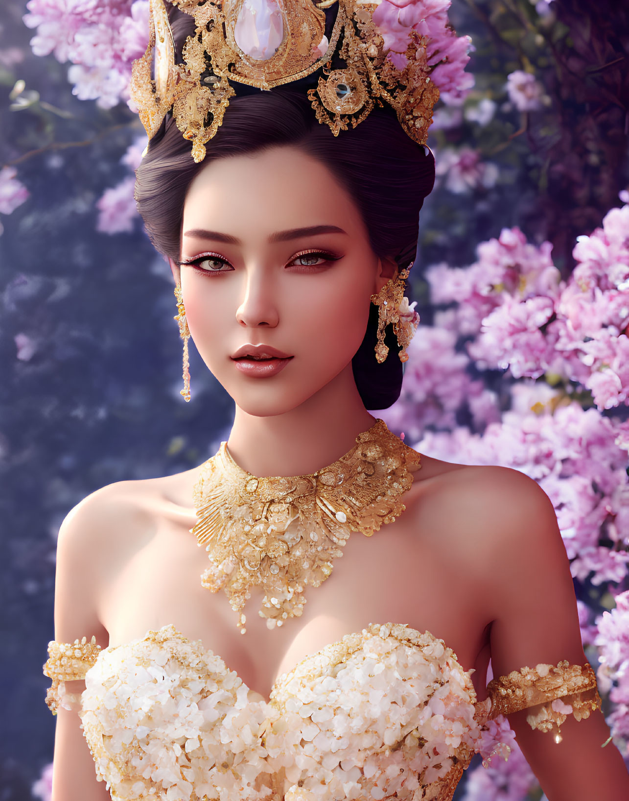 Digital Artwork: Woman in Golden Crown and Jewelry with Pink Blossoms