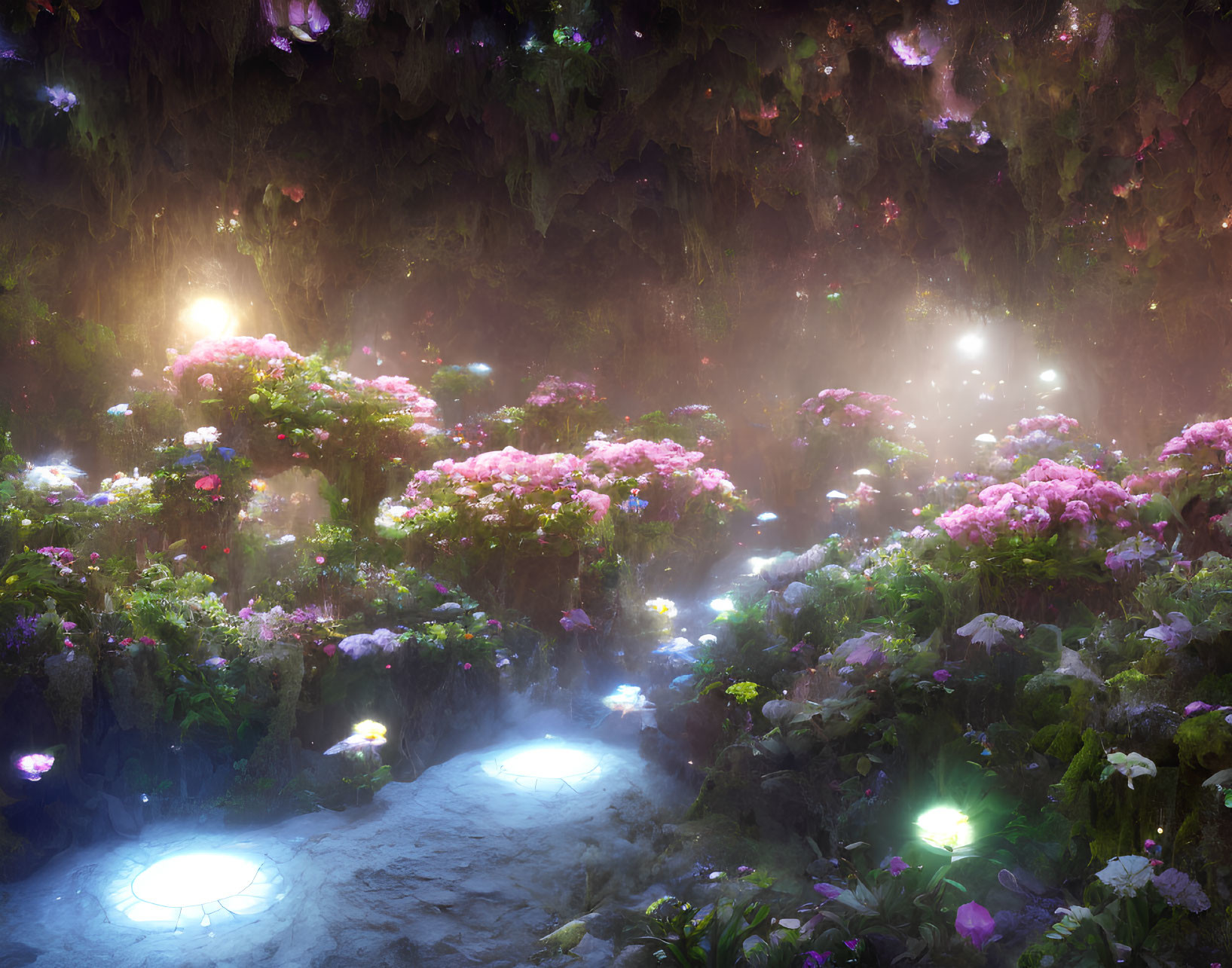 Ethereal garden with ambient lights, lush vegetation, vibrant flowers in mystical fog