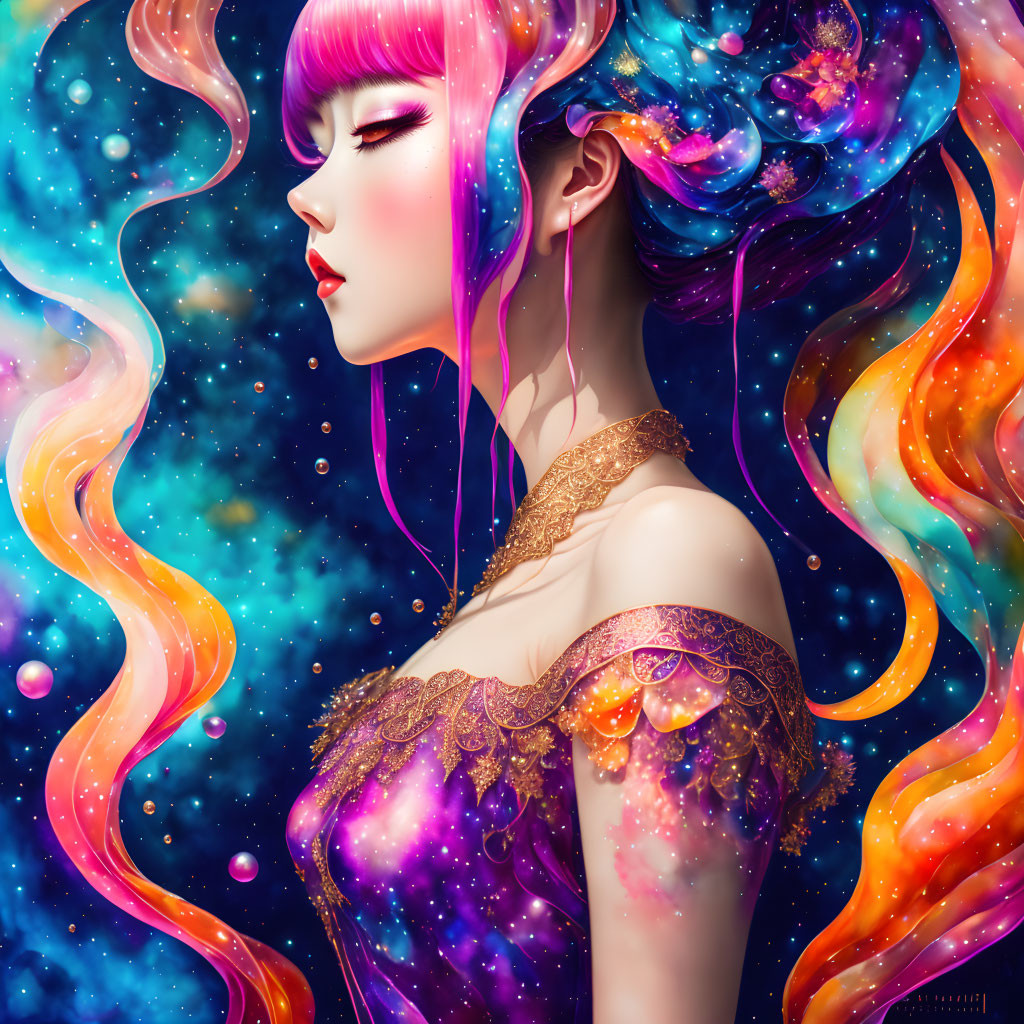 Colorful artwork of woman with galaxy-themed hair and starry dress