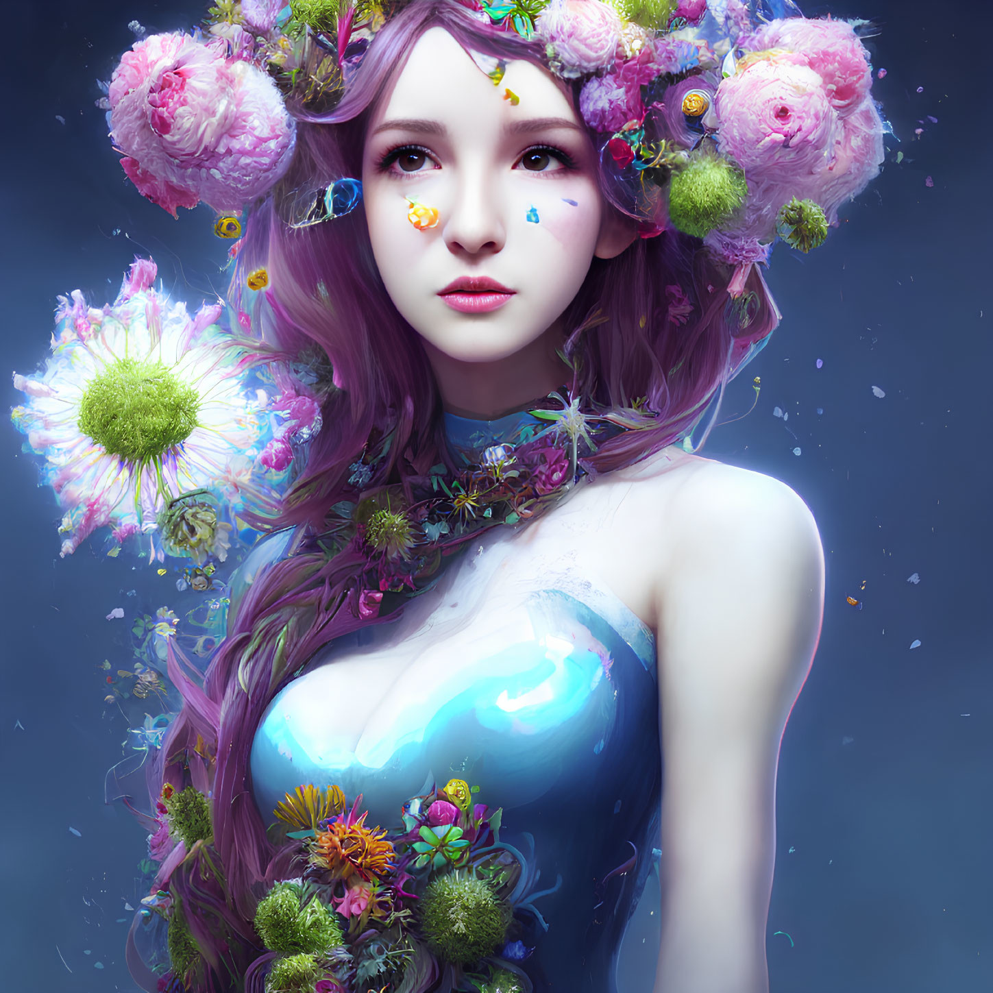 Digital art portrait of woman with fantastical floral headdress.