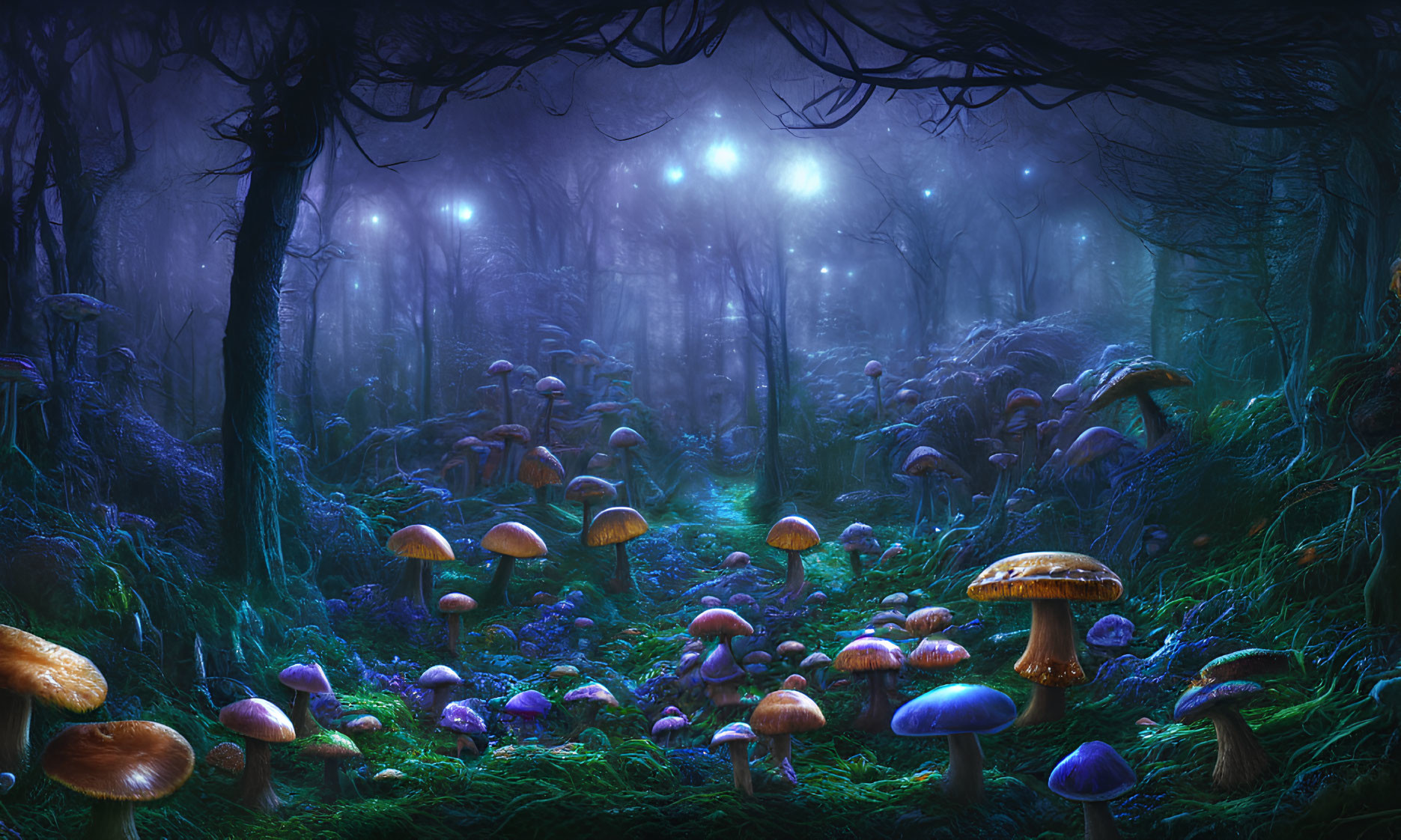 Enchanting Twilight Forest with Oversized Mushrooms and Ethereal Lights