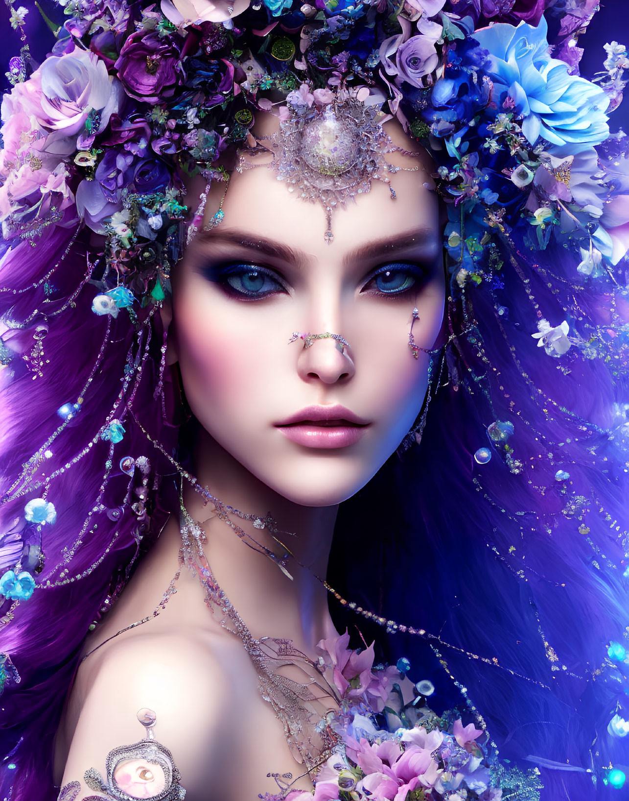 Detailed Illustration: Woman with Purple Hair, Elaborate Floral Headpiece, Ornate Jewelry,