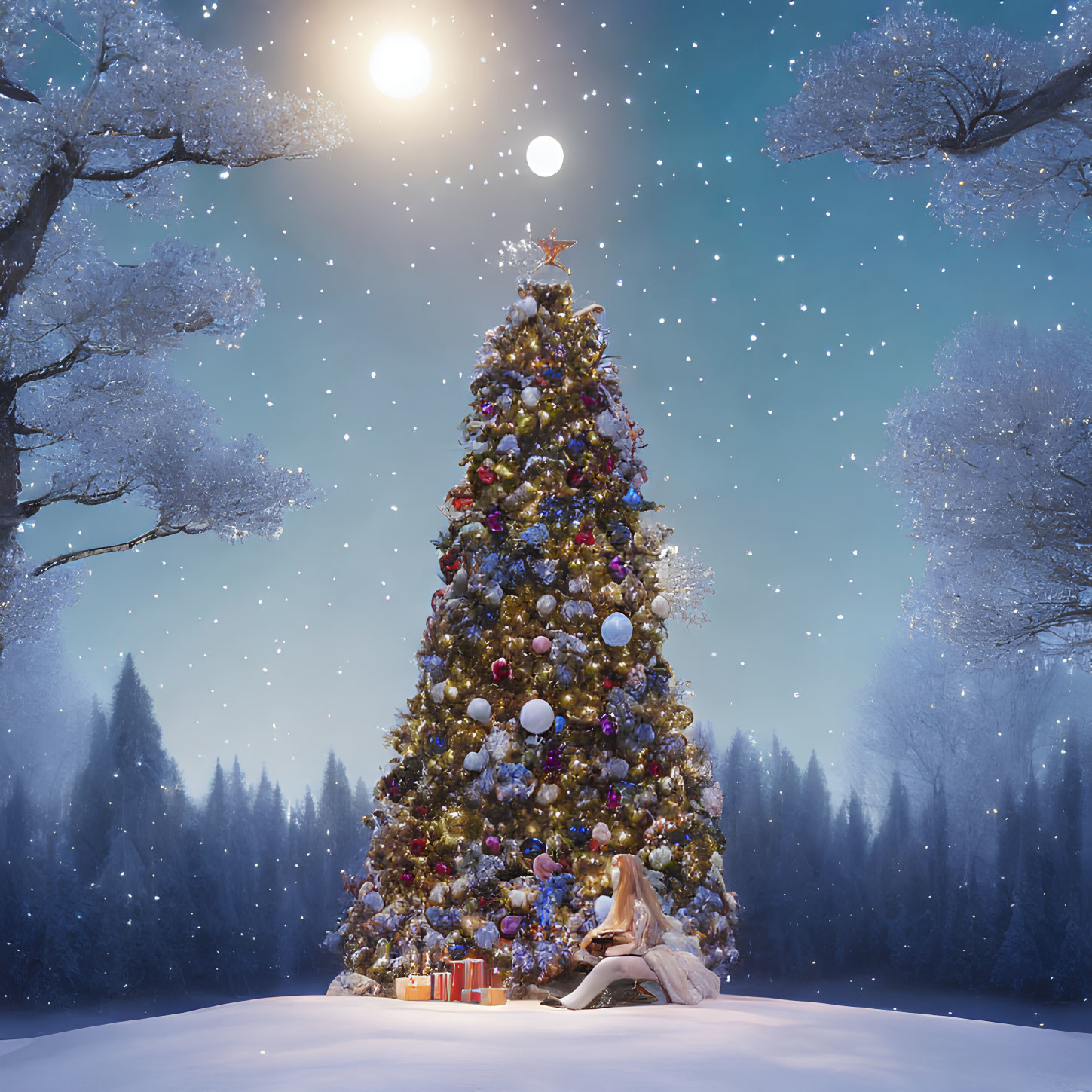 Person sitting beside large, ornamented Christmas tree in snowy woodland at night.