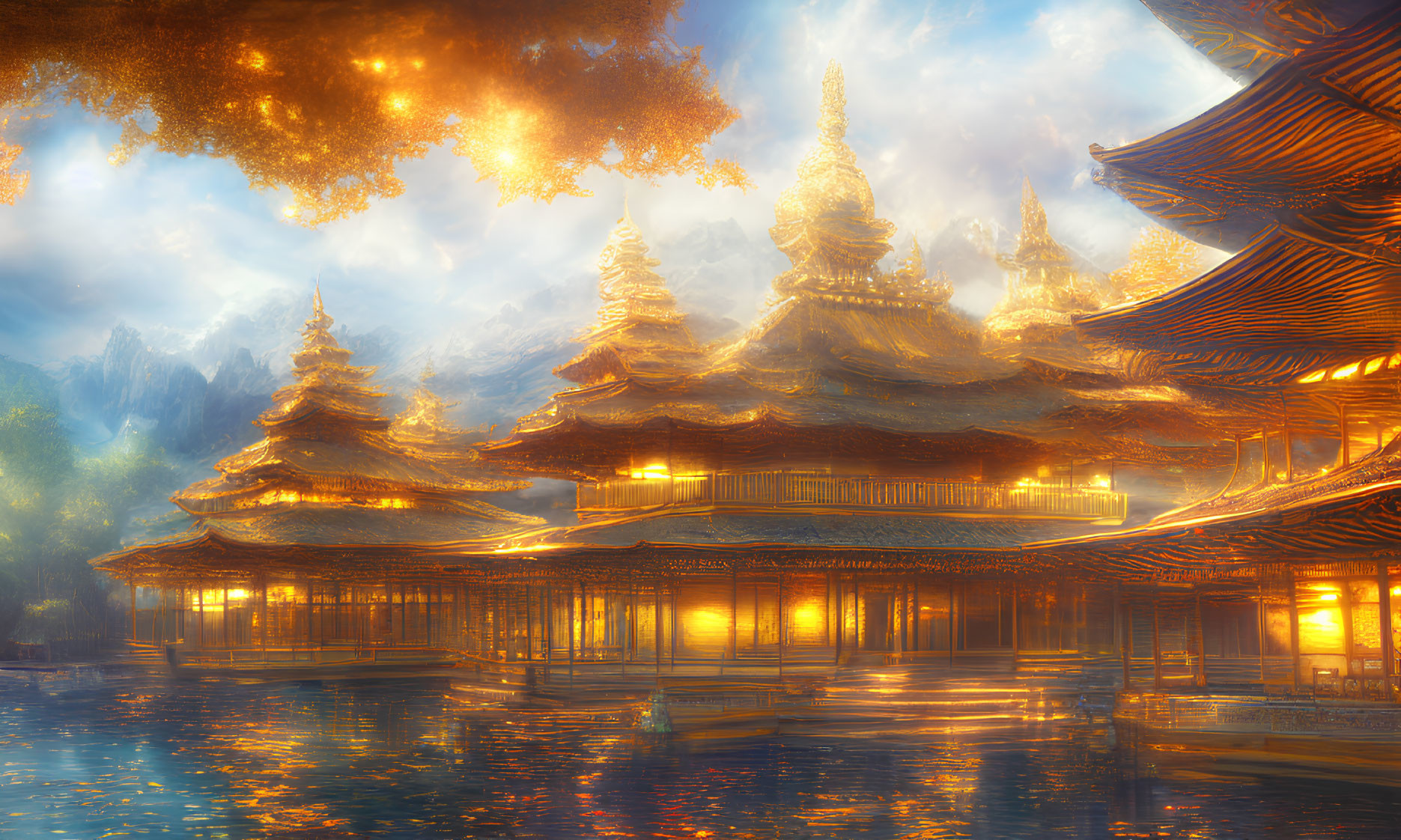 Golden Pagodas Amidst Mountains Reflecting on Tranquil Waters