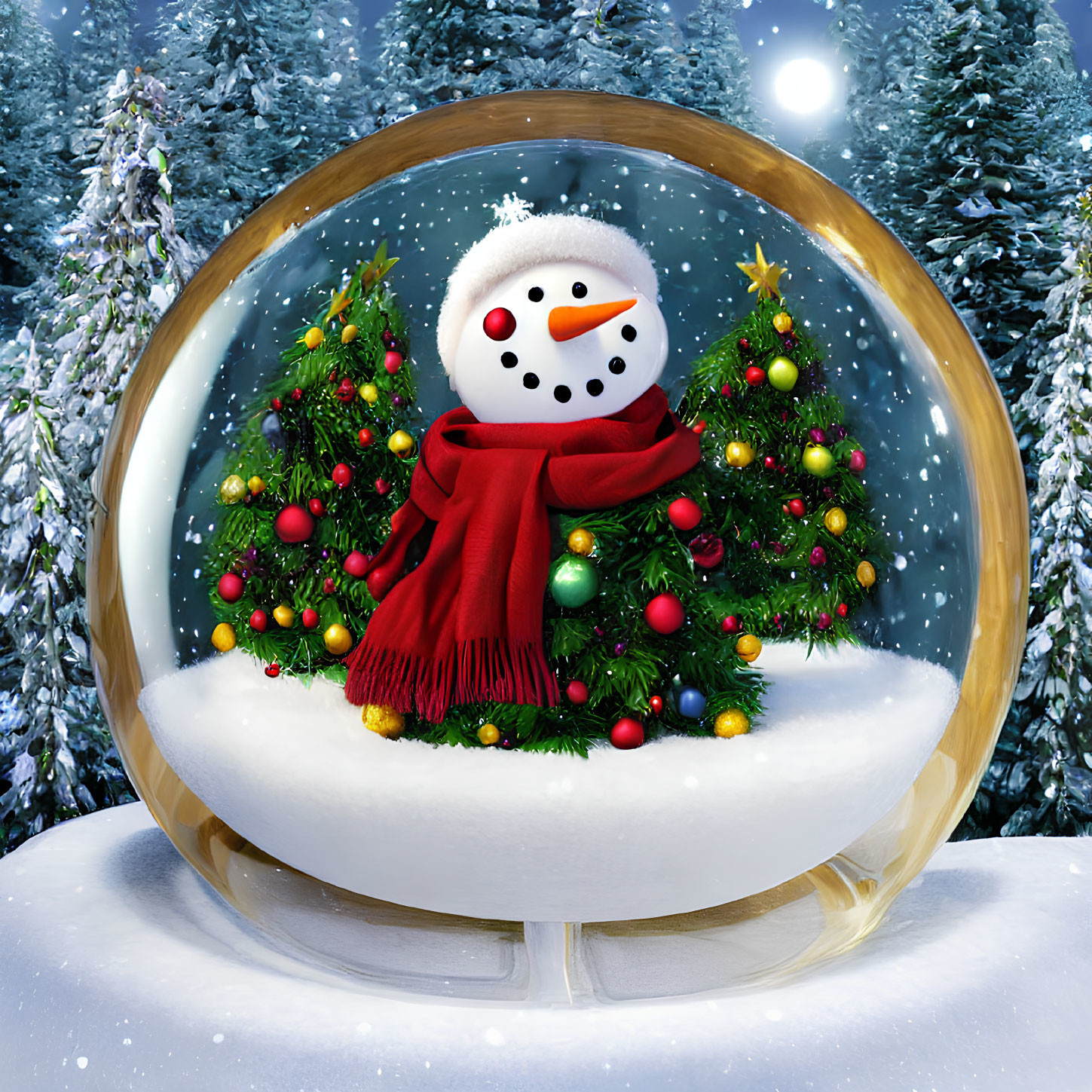 Snowman snow globe with red scarf and evergreen trees in snowy forest