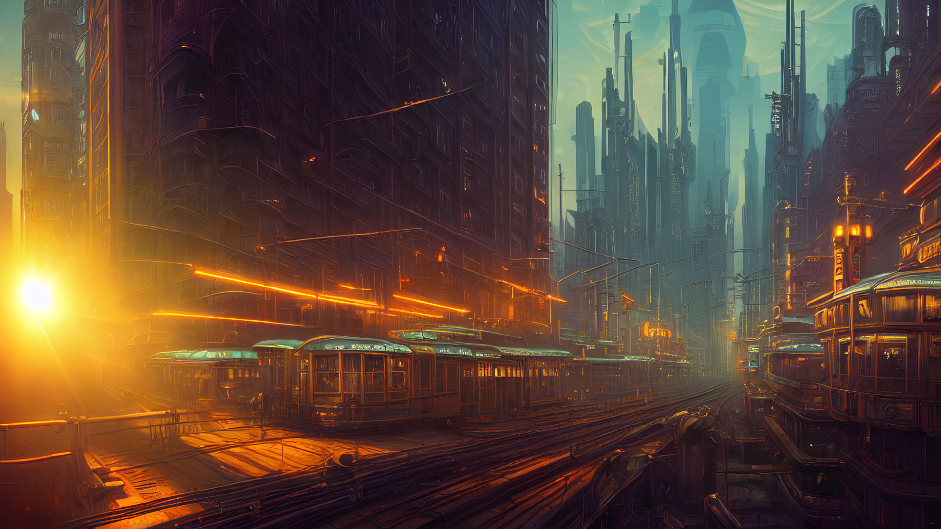 Futuristic cityscape at dusk with neon lights and skyscrapers