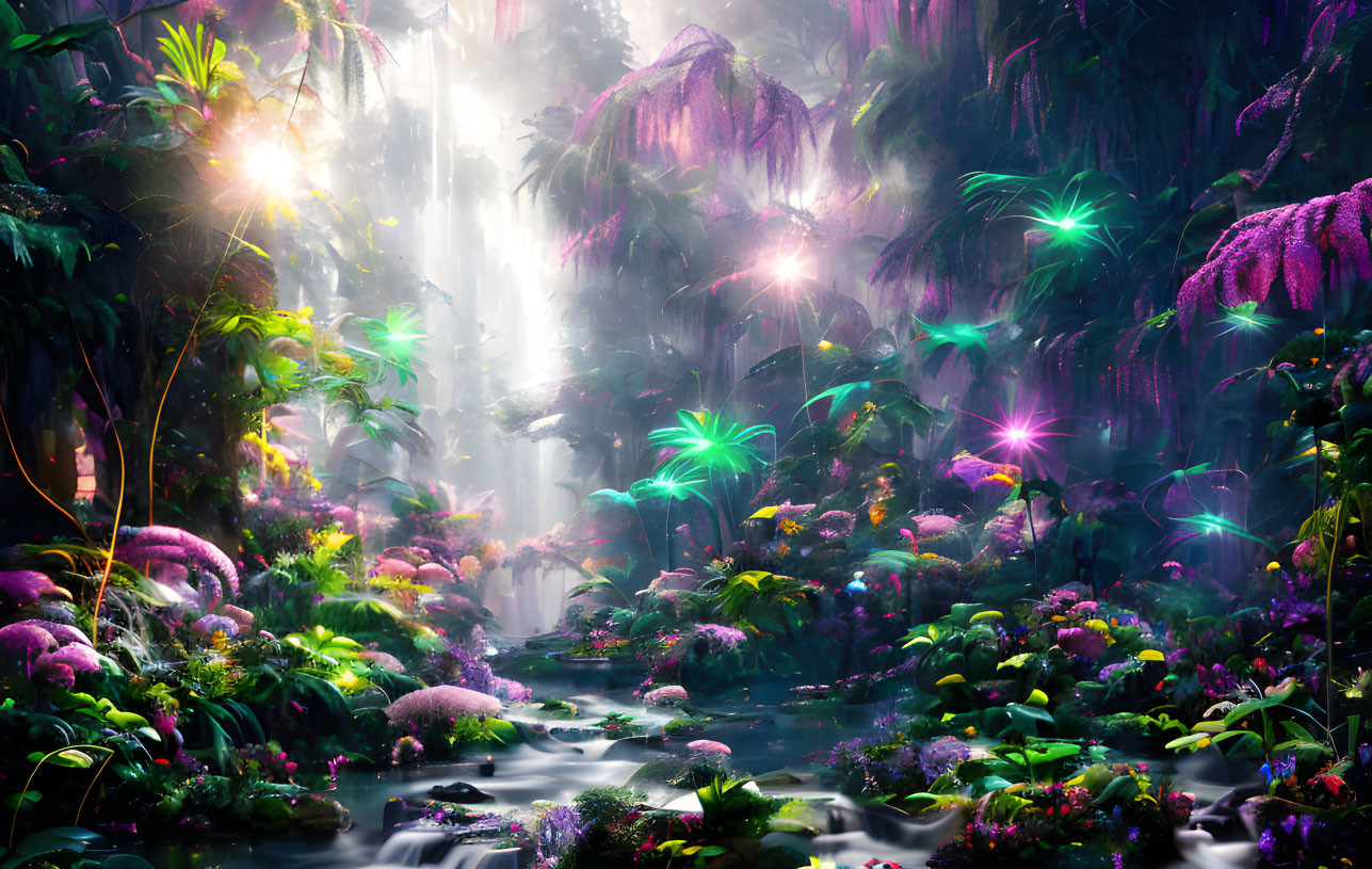 Mystical Forest with Waterfall, Greenery, and Sparkling Light