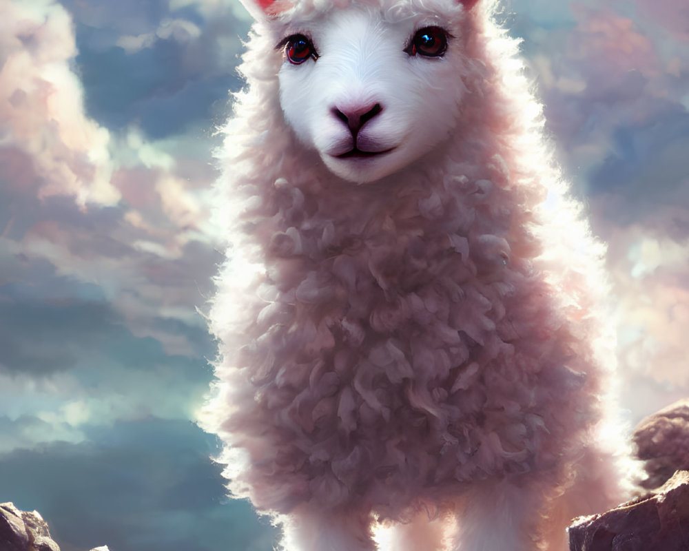 White llama with woolly coat on rocky terrain under dramatic sky