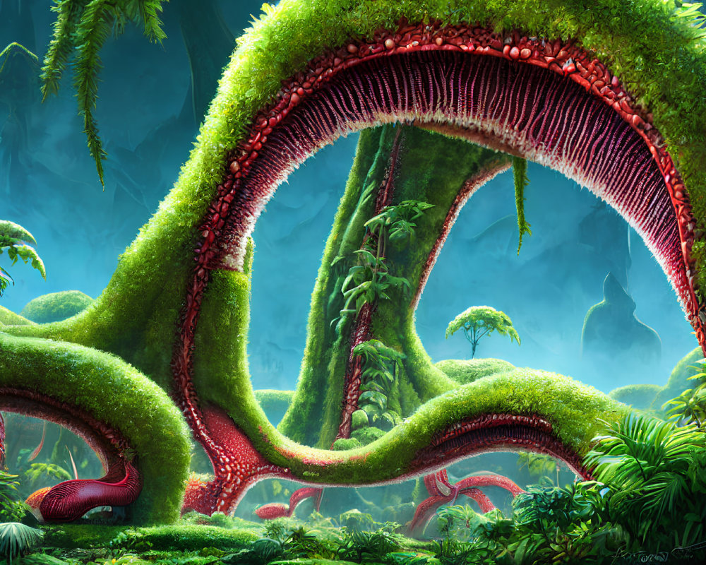 Fantastical jungle with oversized green plants and red arches