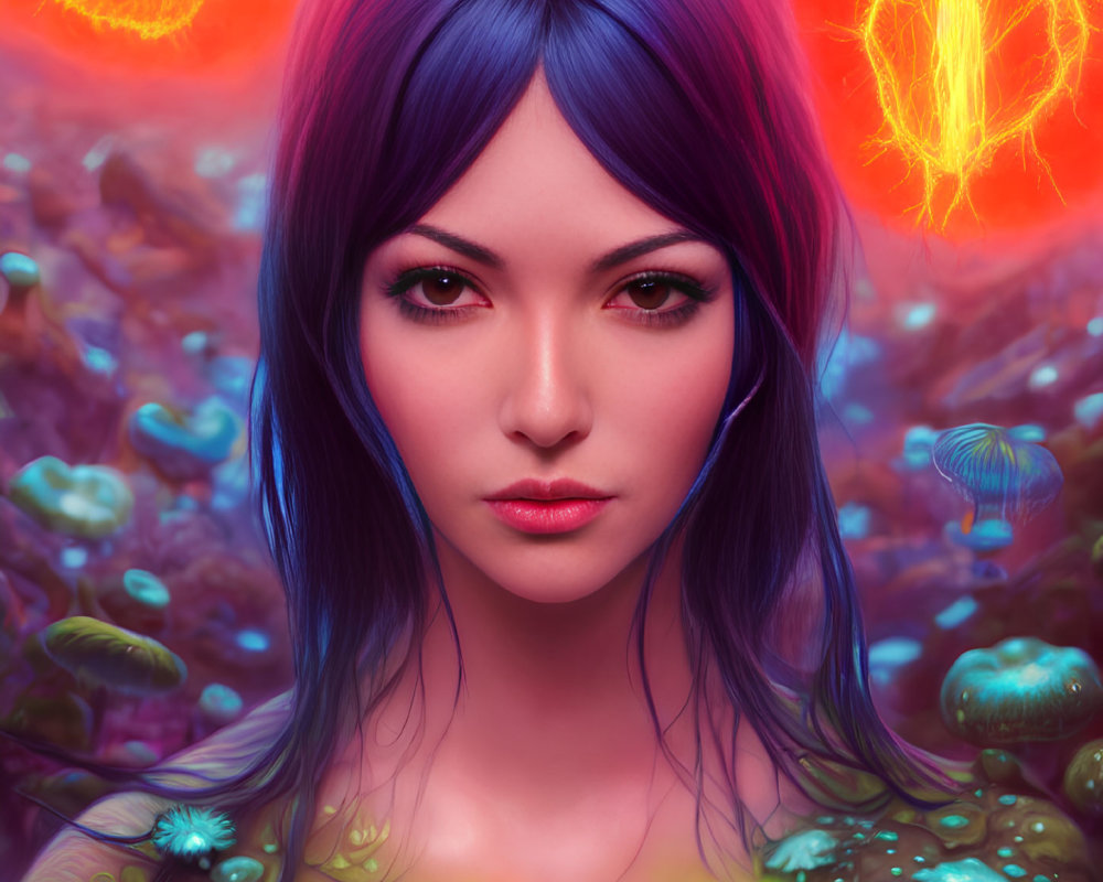 Vibrant digital artwork: Woman with purple and blue hair, surrounded by fantastical flora and glowing