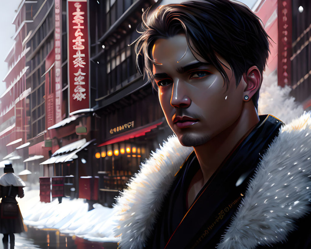 Dark-haired man in fur-collared jacket on snowy city street