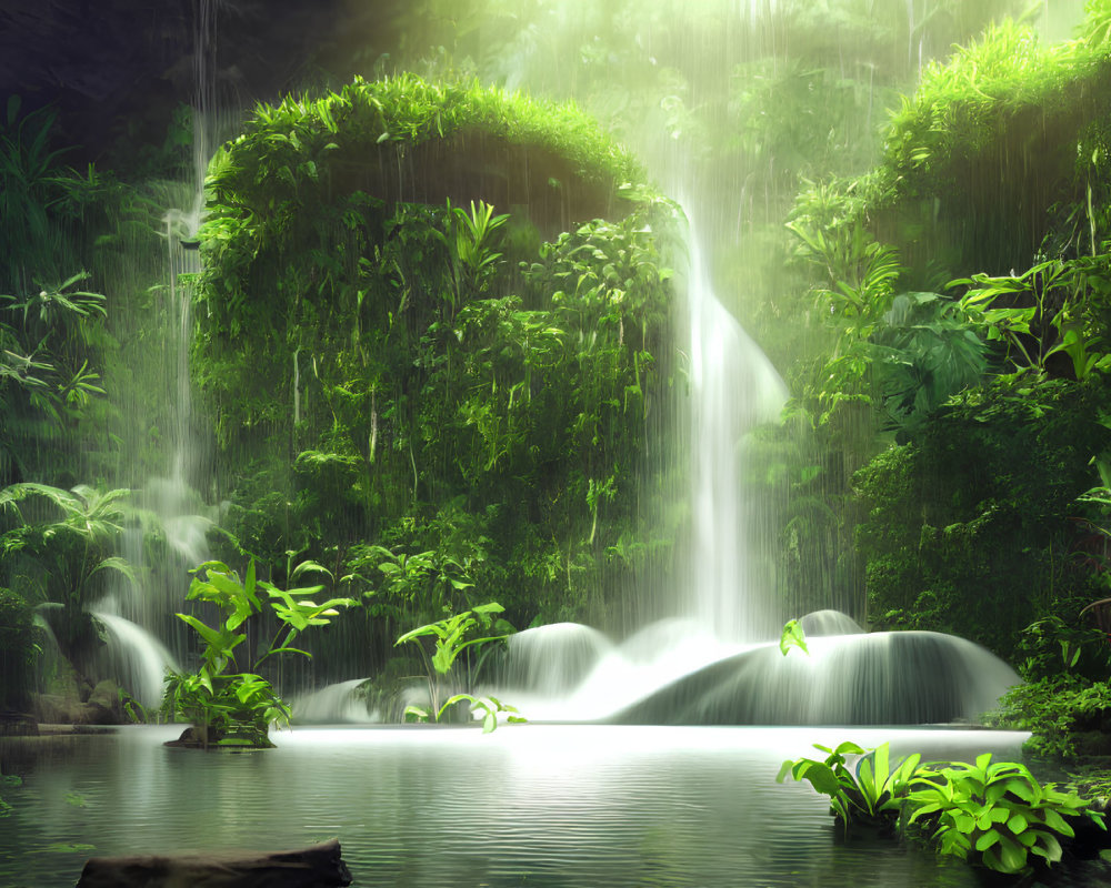 Tranquil waterfall in lush rainforest setting