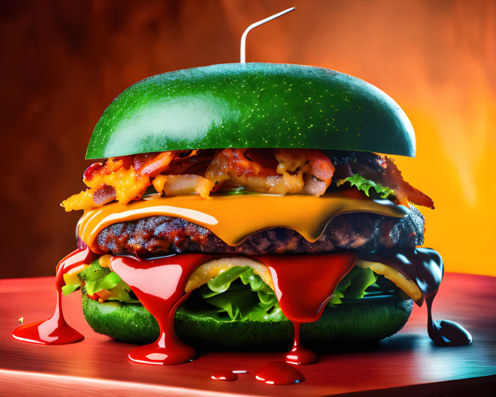 Green bun burger with cheese, bacon, lettuce, patty, and red sauce on fiery backdrop