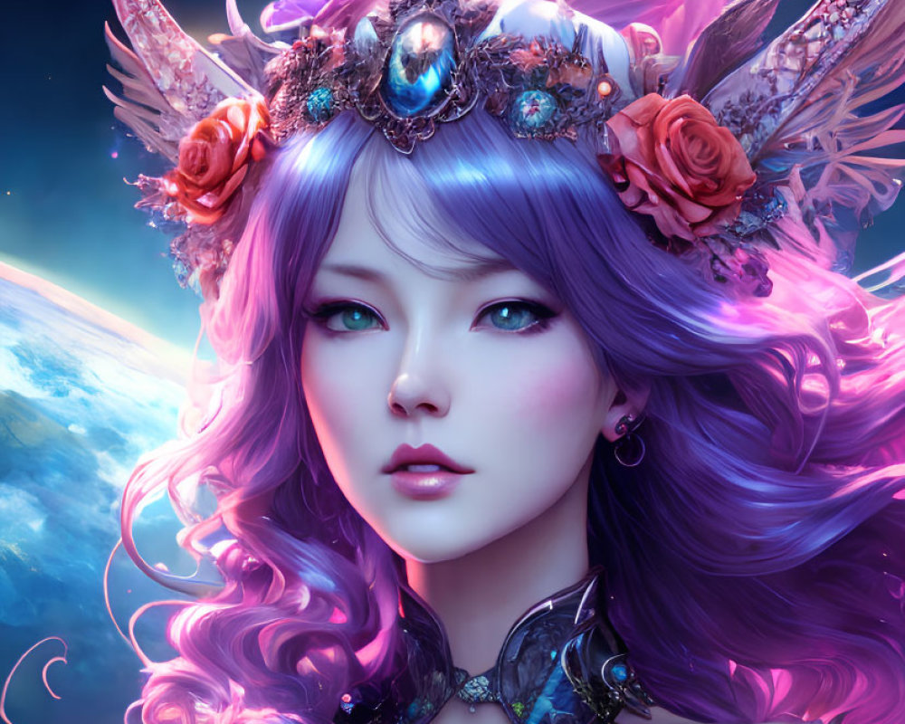 Digital artwork: Woman with violet hair, decorative horns, floral crown on cosmic background with planet