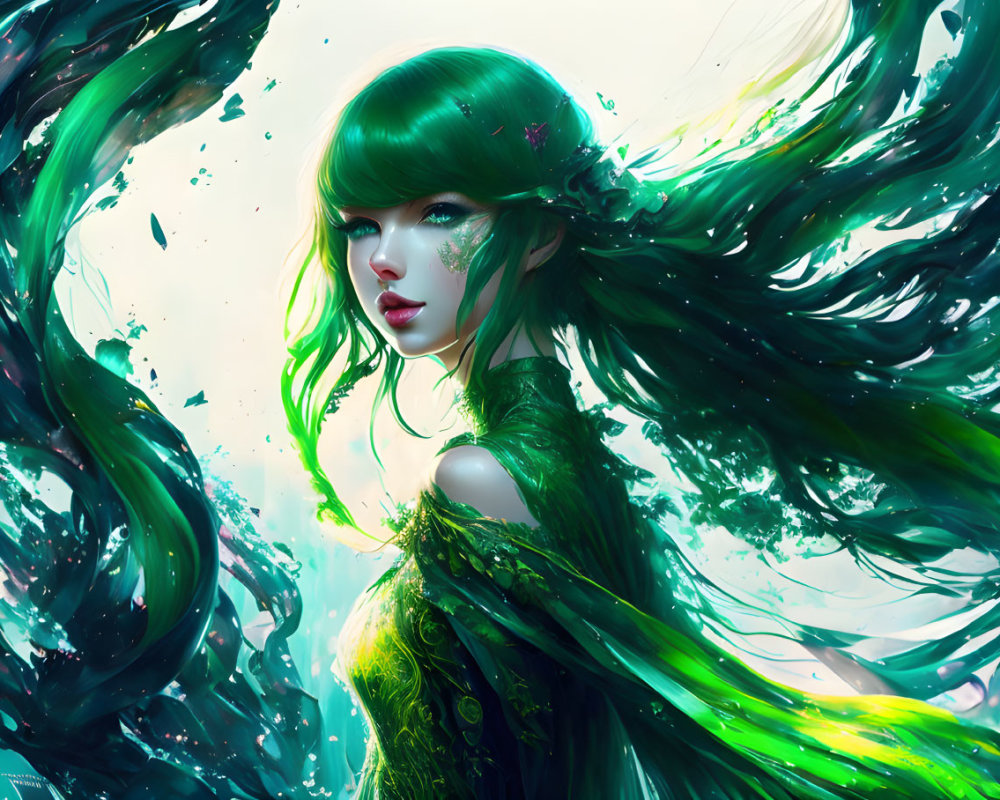 Illustration of woman with flowing green hair and attire embodying a nature spirit.