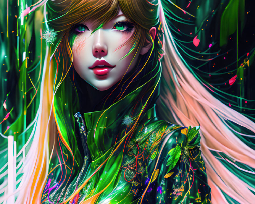 Colorful digital art: Woman with multicolored hair in green futuristic jacket surrounded by glowing lights