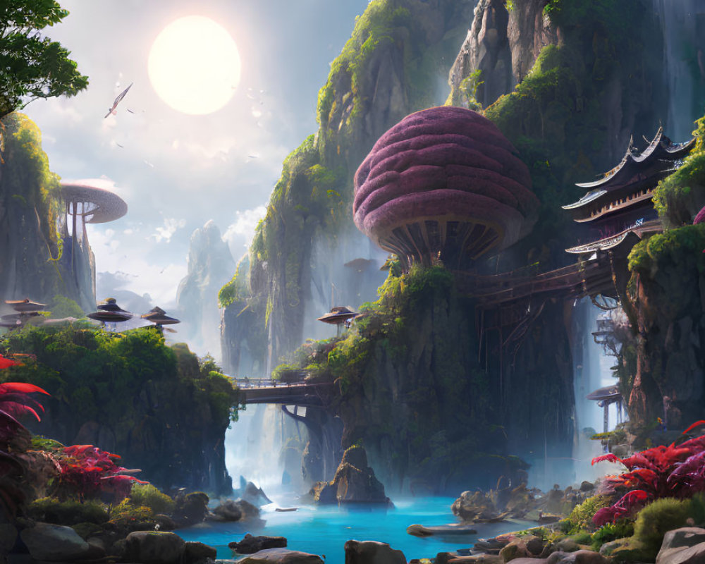 Mystical landscape with towering rocks, purple foliage, bridges, and floating vehicles