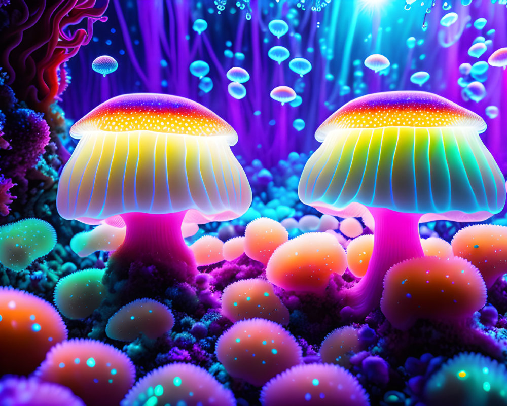 Colorful Bioluminescent Mushrooms & Glowing Jellyfish in Underwater Scene