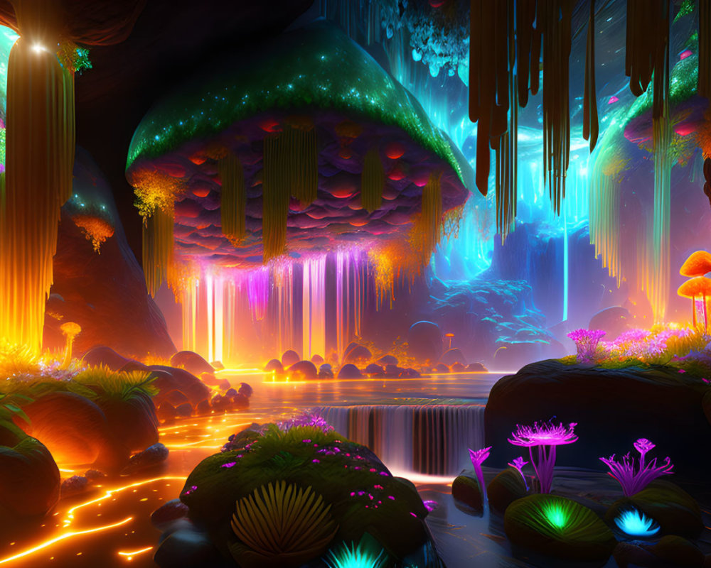 Fantasy cave with luminescent plants, lava stream, glowing waterfalls, and colorful stalact