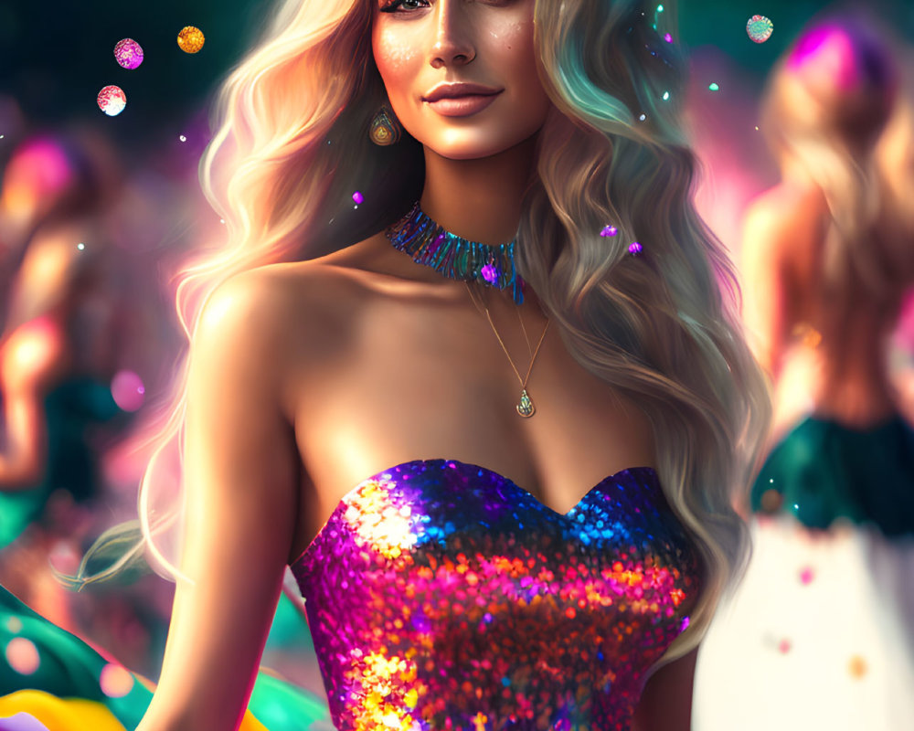 Blonde woman in purple dress with colorful necklace in festive setting