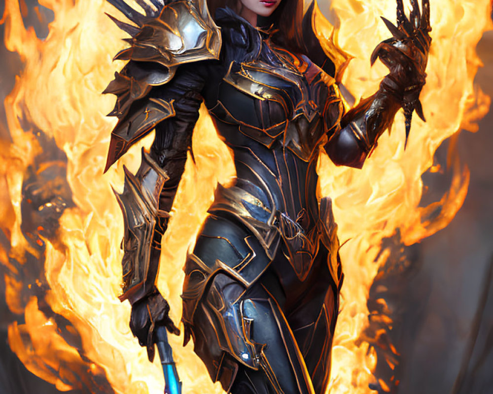 Digital artwork: Woman in black armor with spikes, surrounded by flames