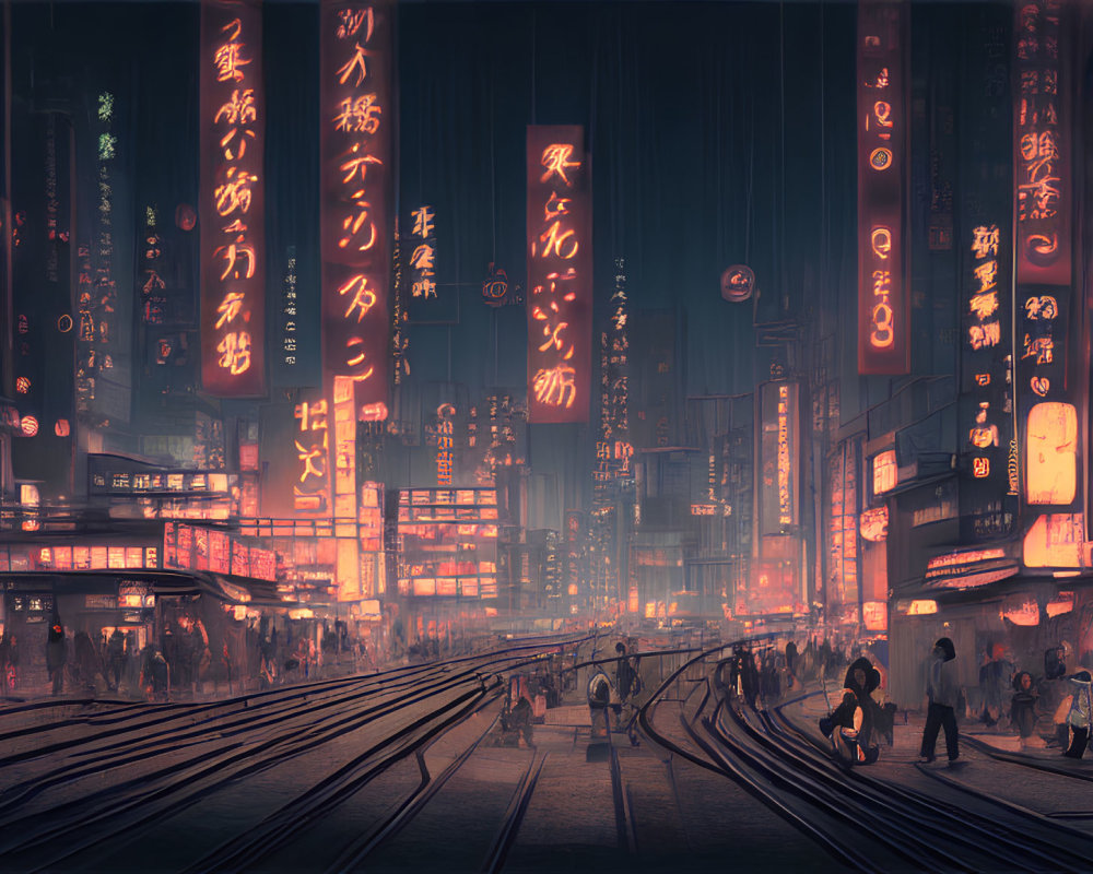 Futuristic cyberpunk cityscape at night with neon signs, train tracks, and silhouettes